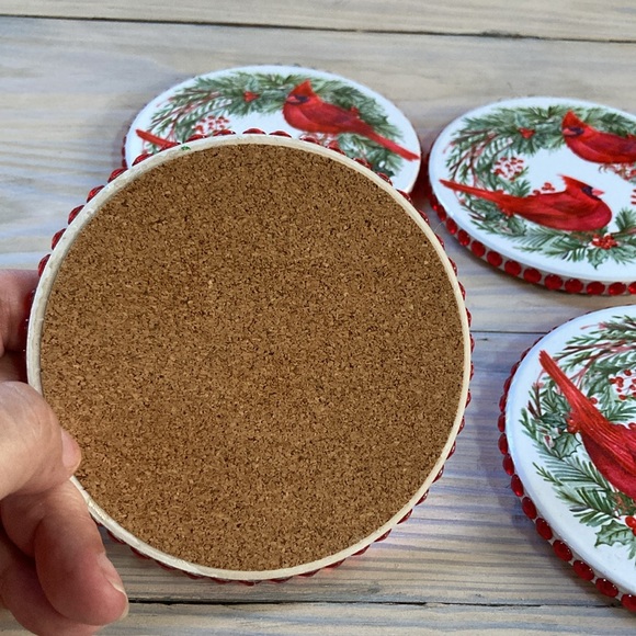 CARDINALS Red Bling Gems Round Coasters Greenery Berries Cork Bottom Set of 4 - Picture 7 of 9